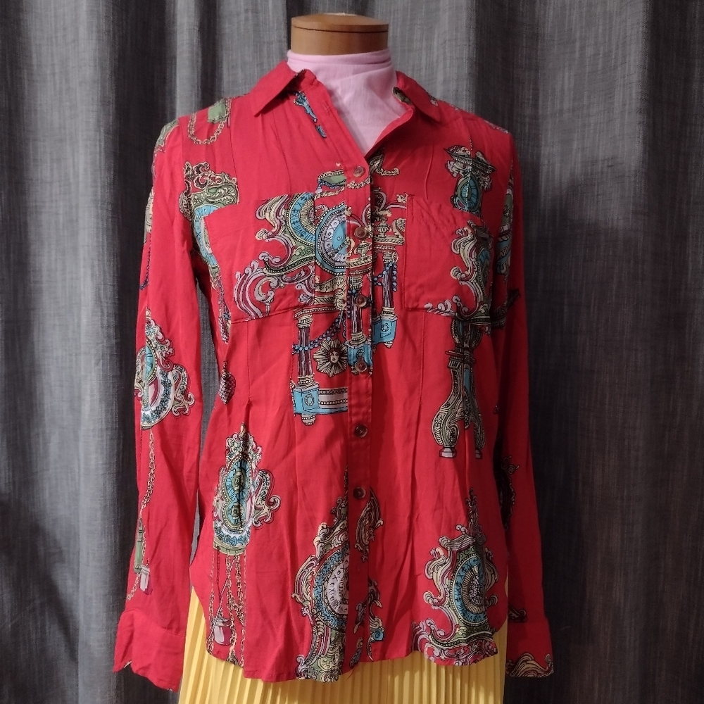 Anthropologie Maeve Whimsy Red Button Down Long Sleeve Blouse Shirt Size 2